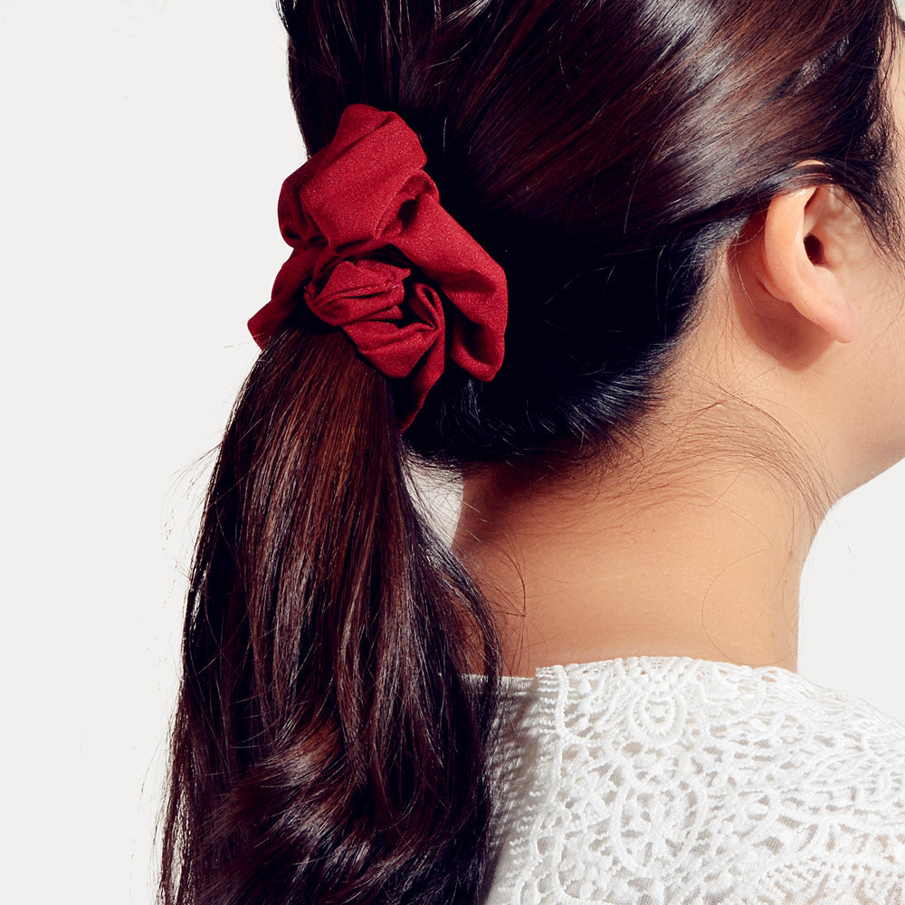Wide wine red chiffon hair scrunchie with elastic core for styling — view 2