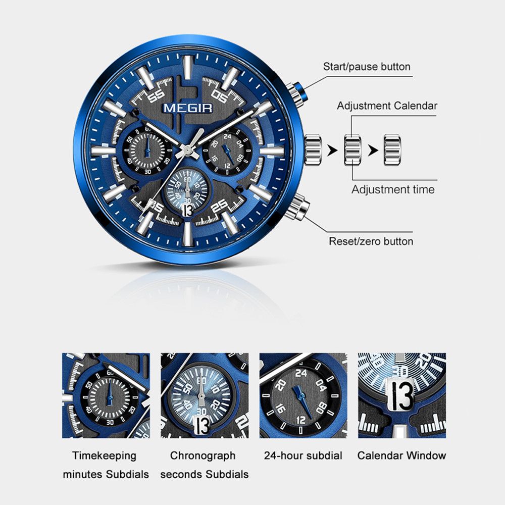 Men's Megir luxury chronograph watch with a polished stainless steel band and classic multi-dial face — view 10