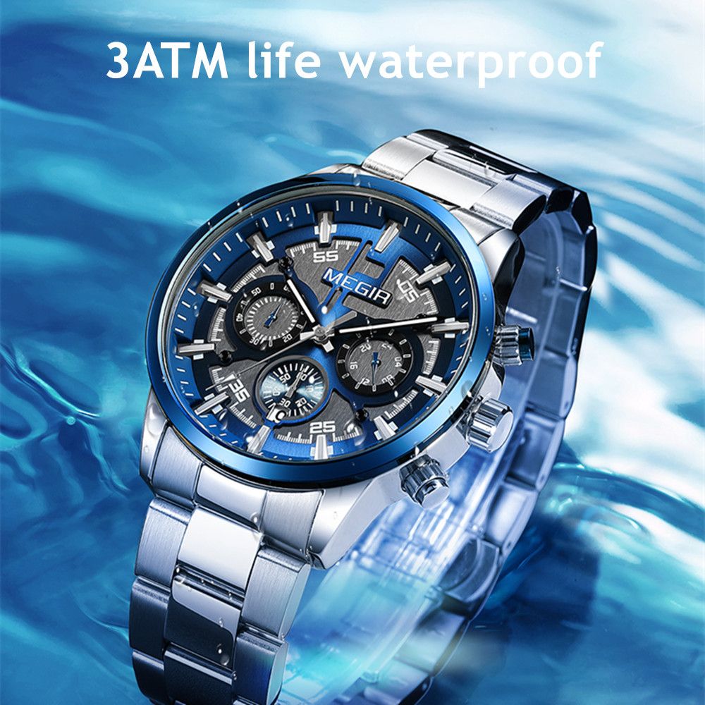 Men's Megir luxury chronograph watch with a polished stainless steel band and classic multi-dial face — view 8