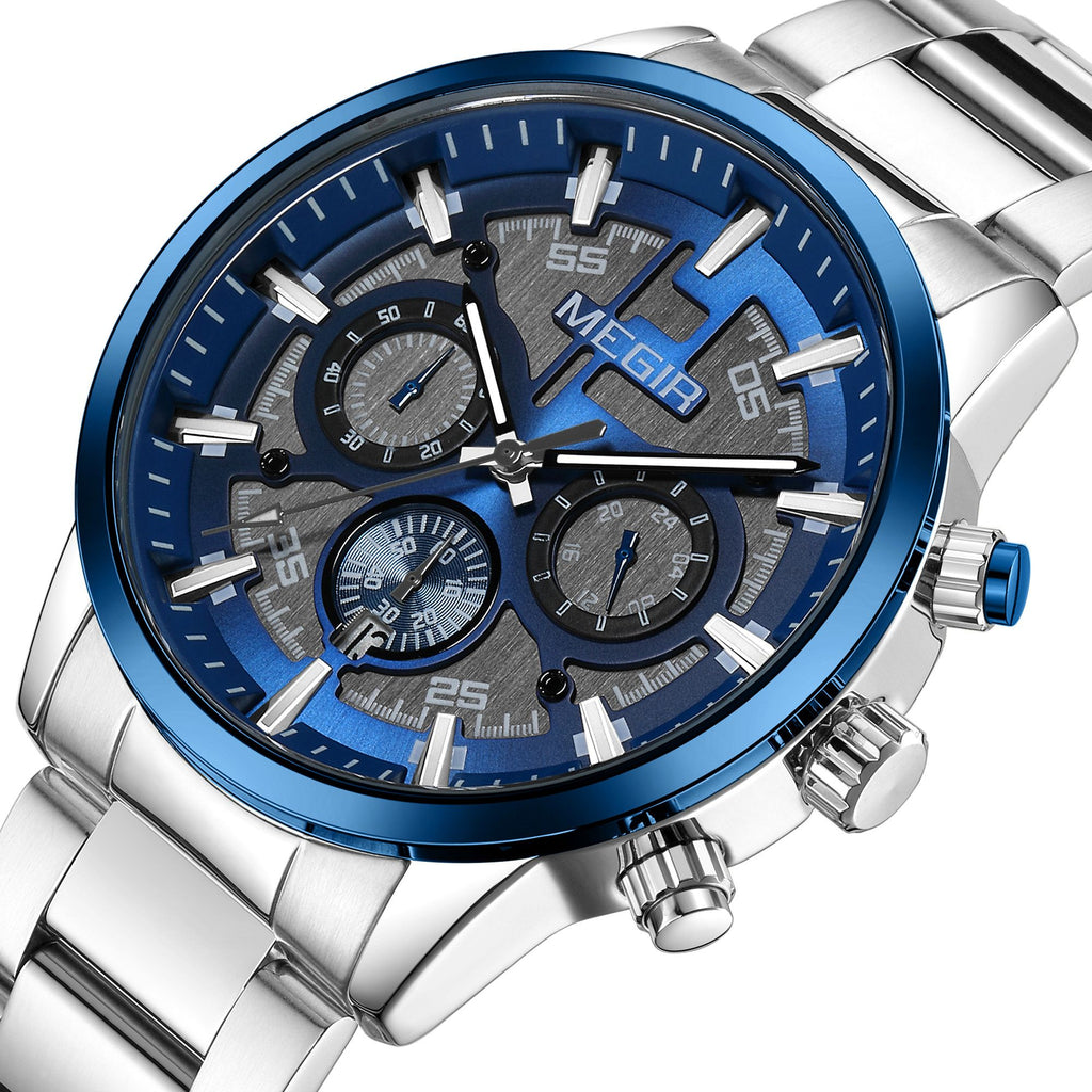 Men's Megir luxury chronograph watch with a polished stainless steel band and classic multi-dial face — view 13