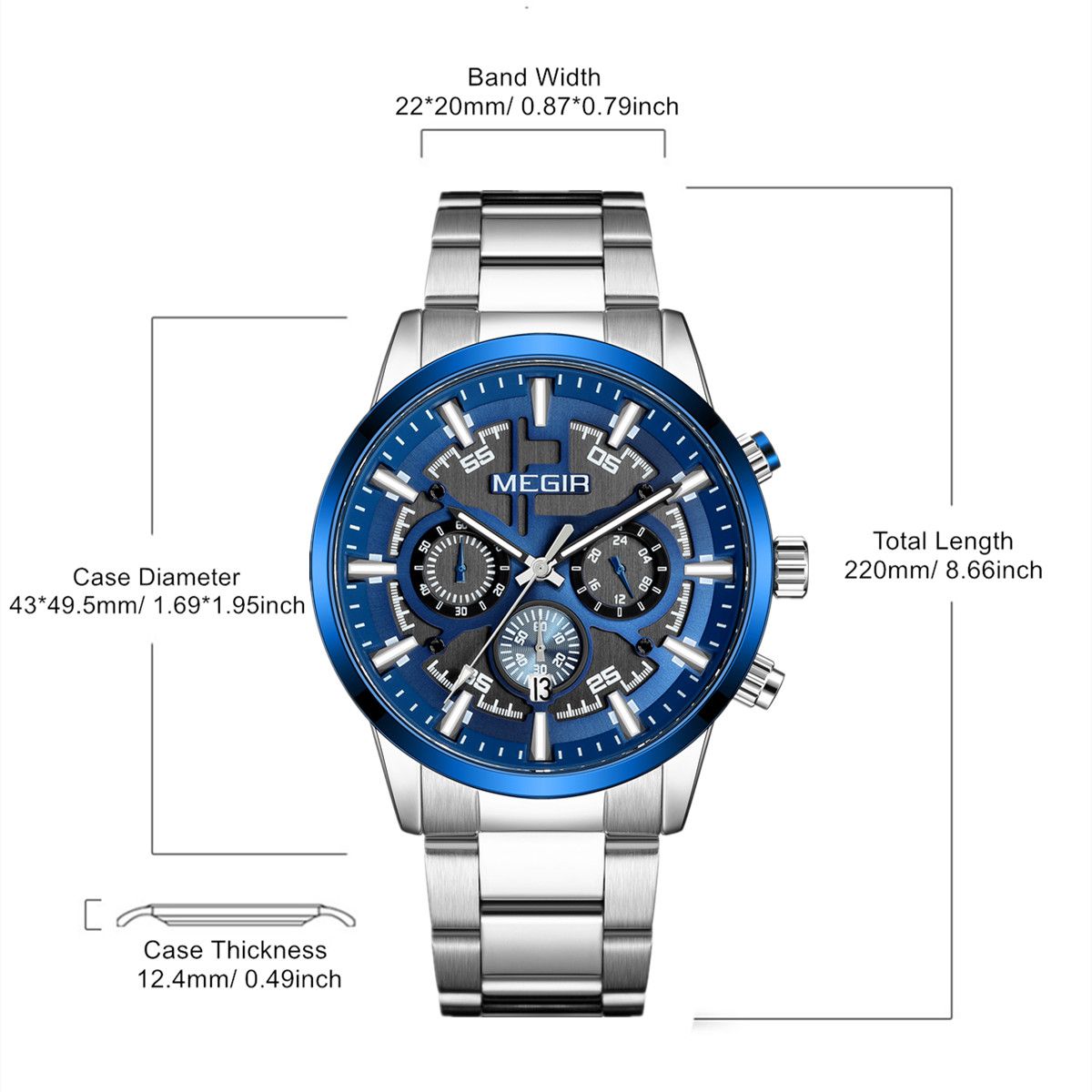 Men's Megir luxury chronograph watch with a polished stainless steel band and classic multi-dial face — view 11