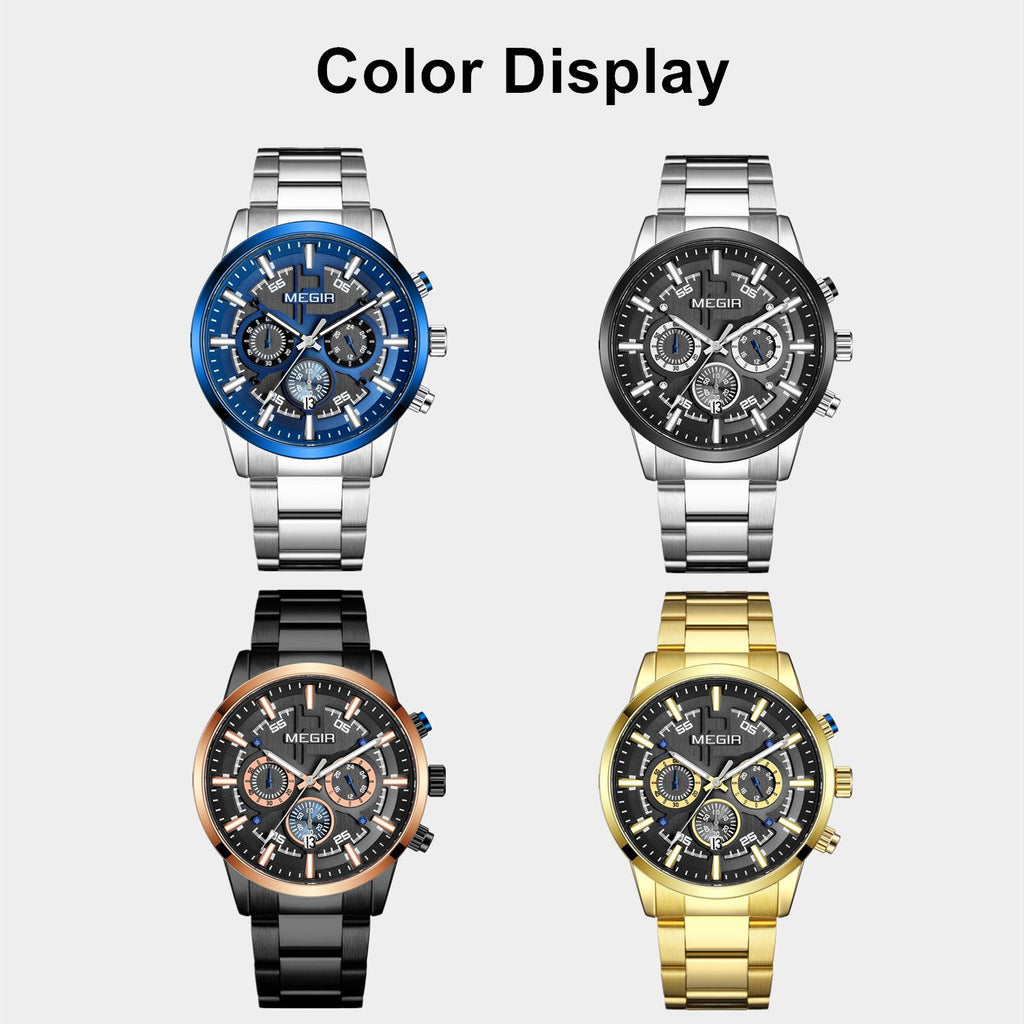 Men's Megir luxury chronograph watch with a polished stainless steel band and classic multi-dial face — view 7