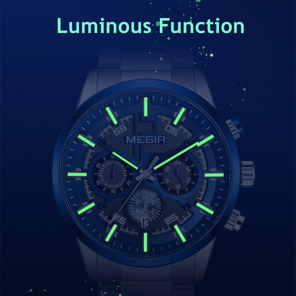 Men's Megir luxury chronograph watch with a polished stainless steel band and classic multi-dial face — view 9