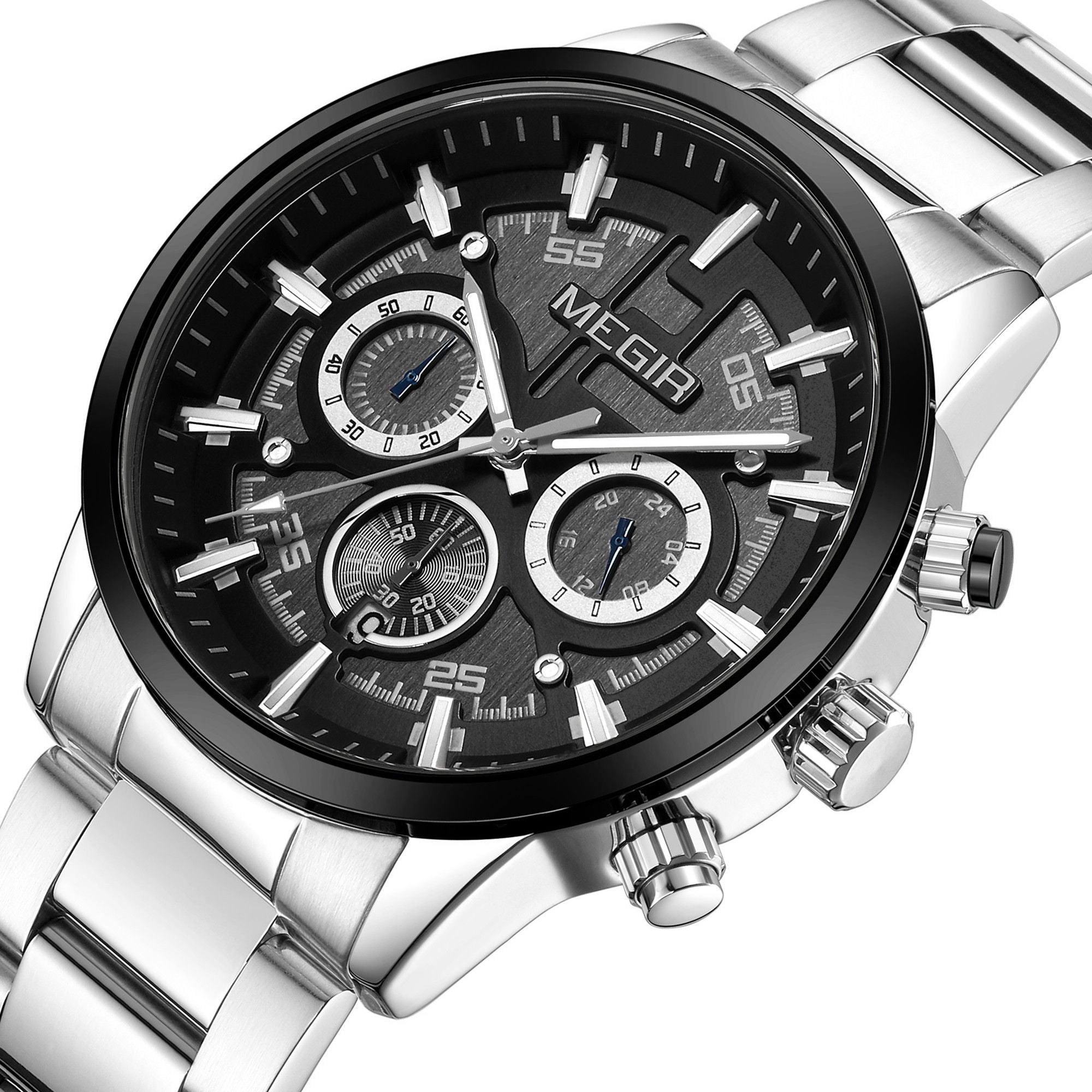Men's Megir luxury chronograph watch with a polished stainless steel band and classic multi-dial face — view 14
