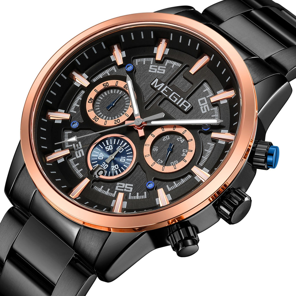 Men's Megir luxury chronograph watch with a polished stainless steel band and classic multi-dial face — view 15