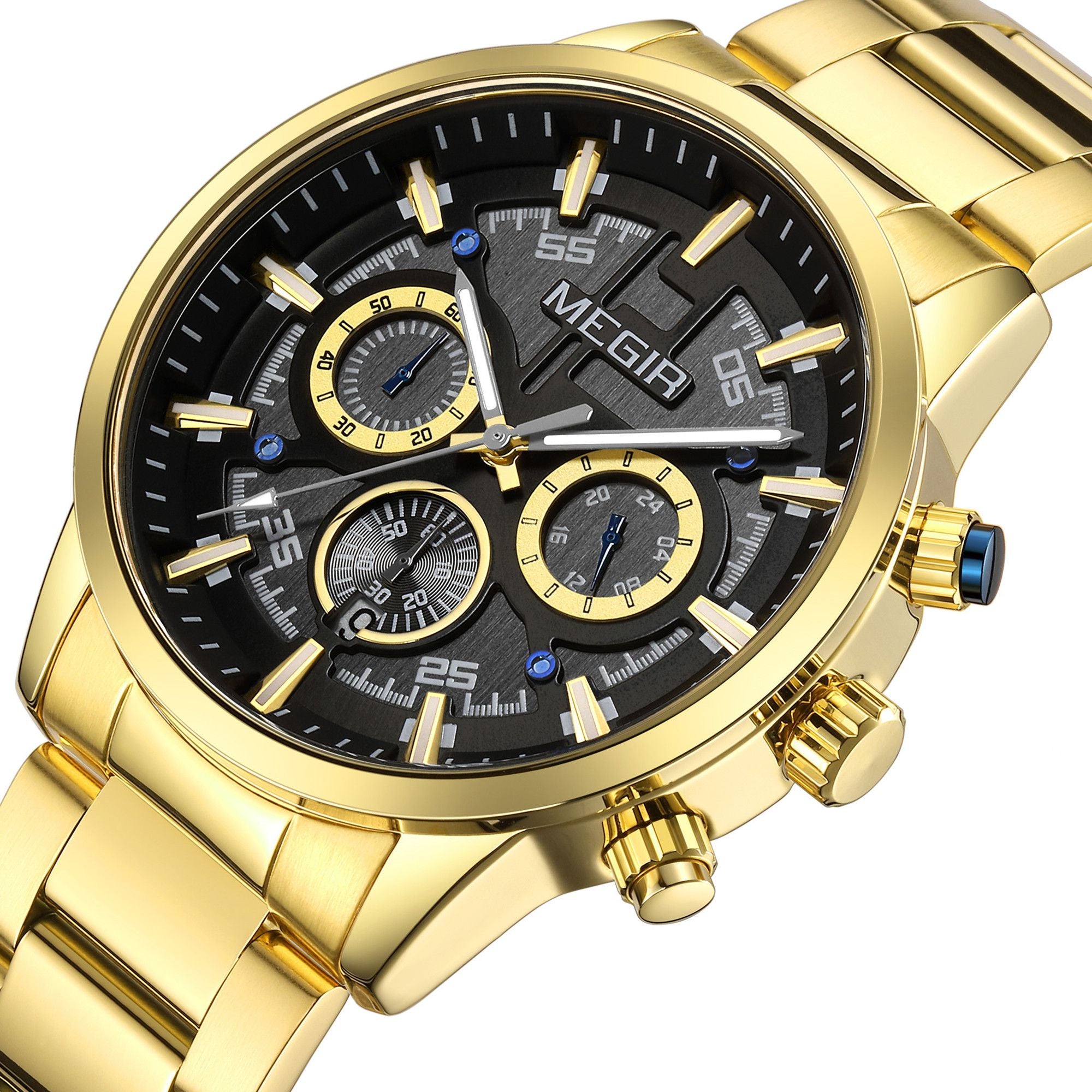 Men's Megir luxury chronograph watch with a polished stainless steel band and classic multi-dial face — view 16