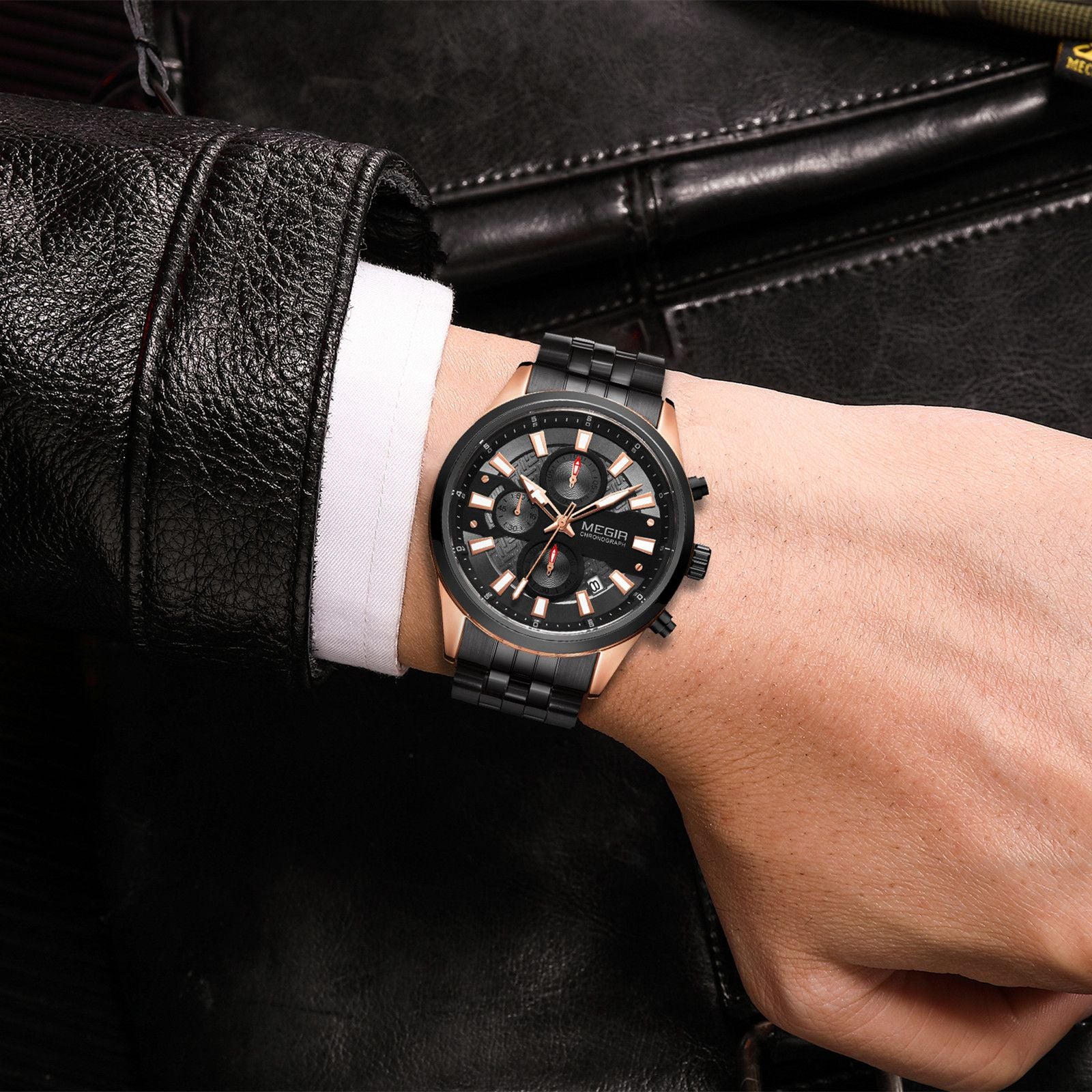 Men's luxury quartz wristwatch featuring a stainless steel band, zinc alloy case, and calendar dial. — view 3