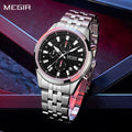 Men's luxury quartz wristwatch featuring a stainless steel band, zinc alloy case, and calendar dial.