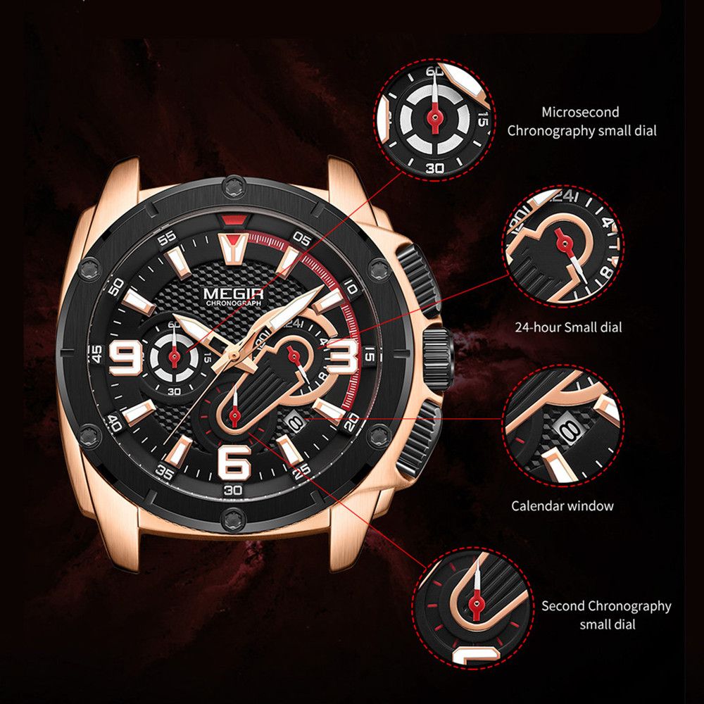 MEGIR mens military sports watch with black silicone band and zinc alloy chronograph dial — view 7