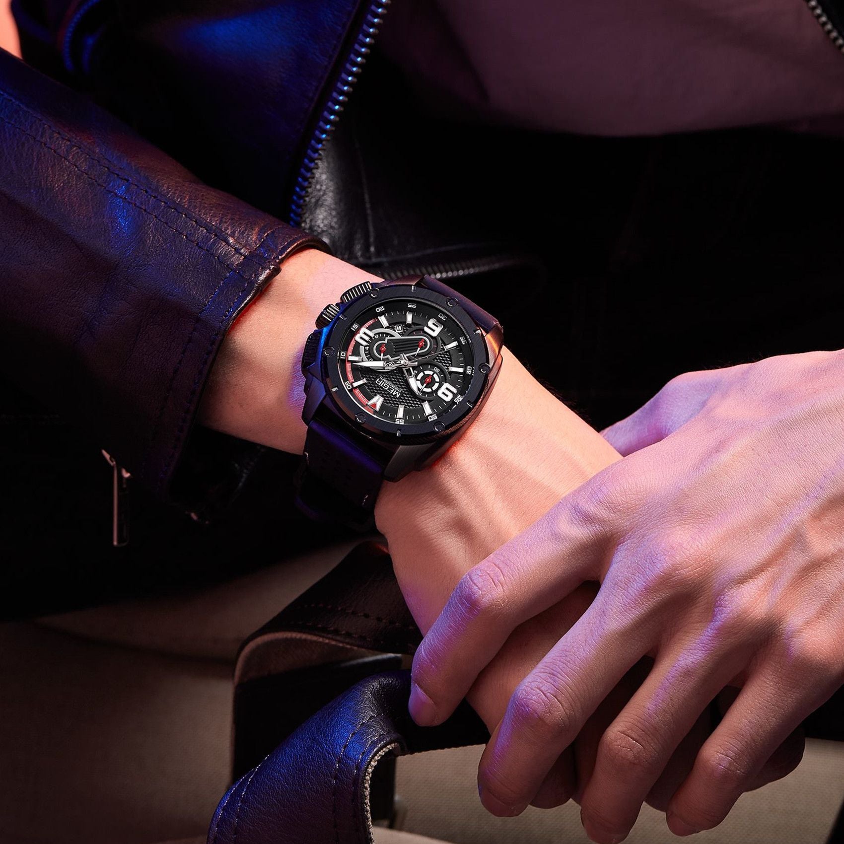 MEGIR mens military sports watch with black silicone band and zinc alloy chronograph dial — view 3