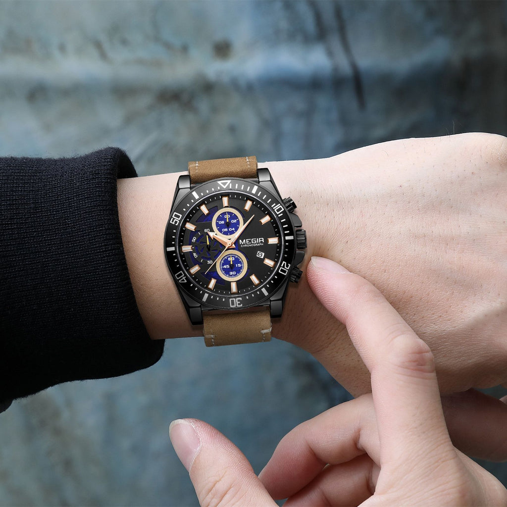 MEGIR men's military sport watch featuring a chronograph dial and a stitched genuine leather strap — view 4