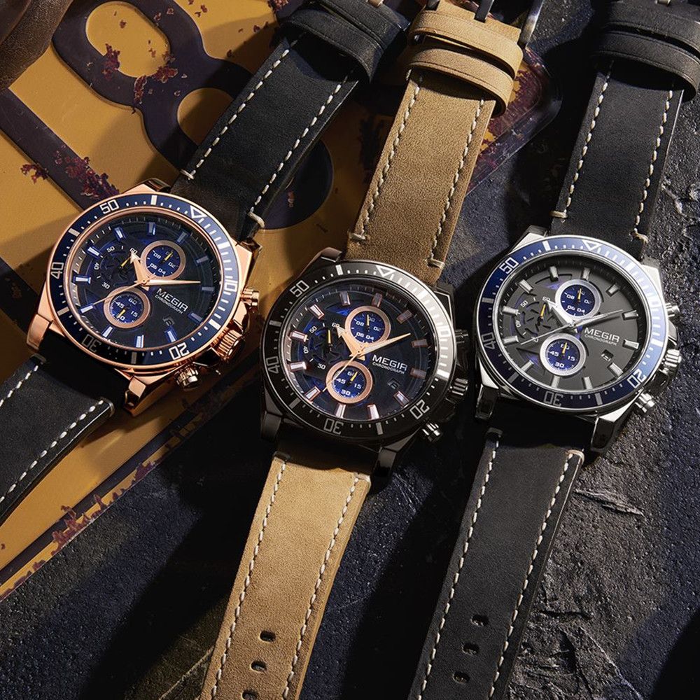 MEGIR men's military sport watch featuring a chronograph dial and a stitched genuine leather strap — view 8