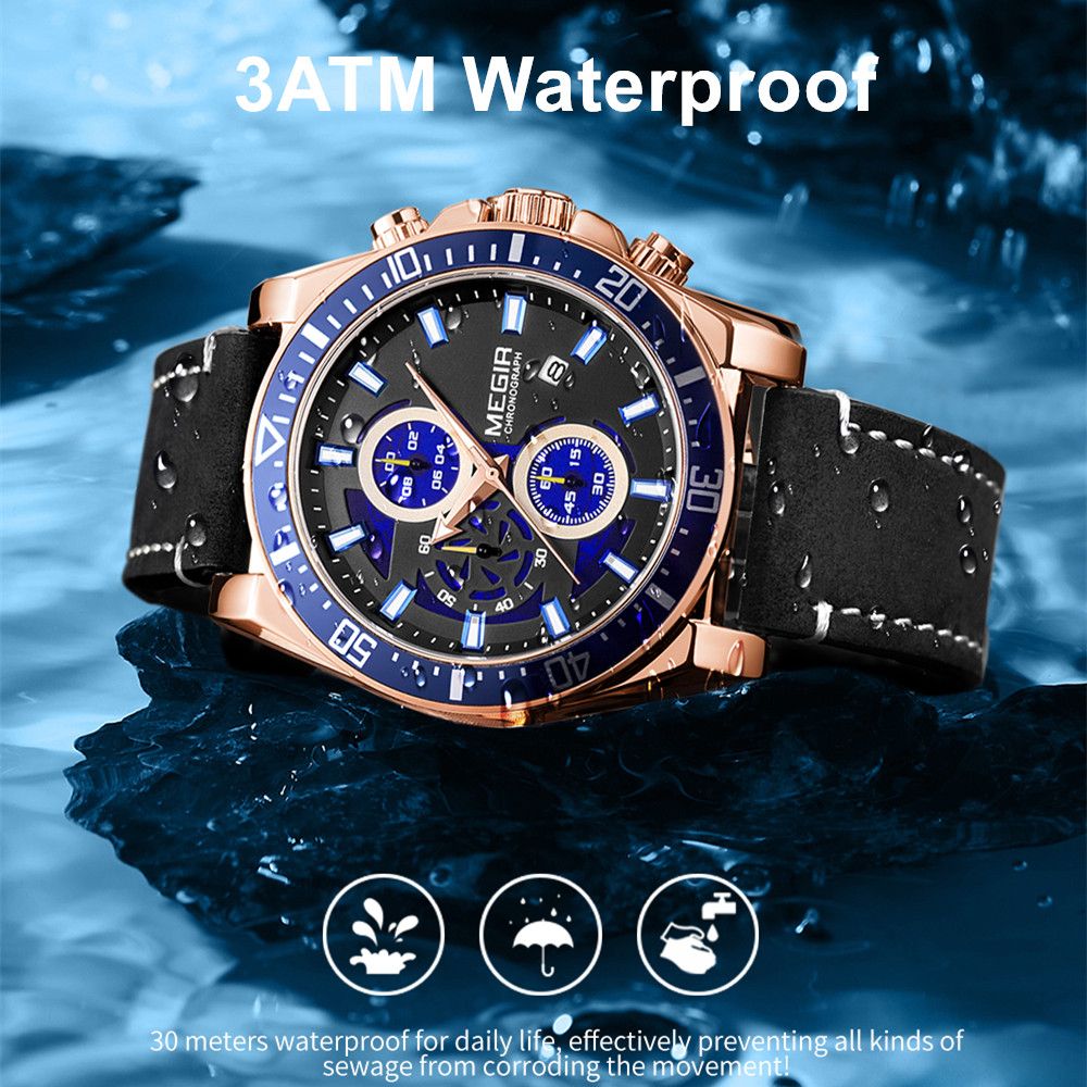 MEGIR men's military sport watch featuring a chronograph dial and a stitched genuine leather strap — view 9