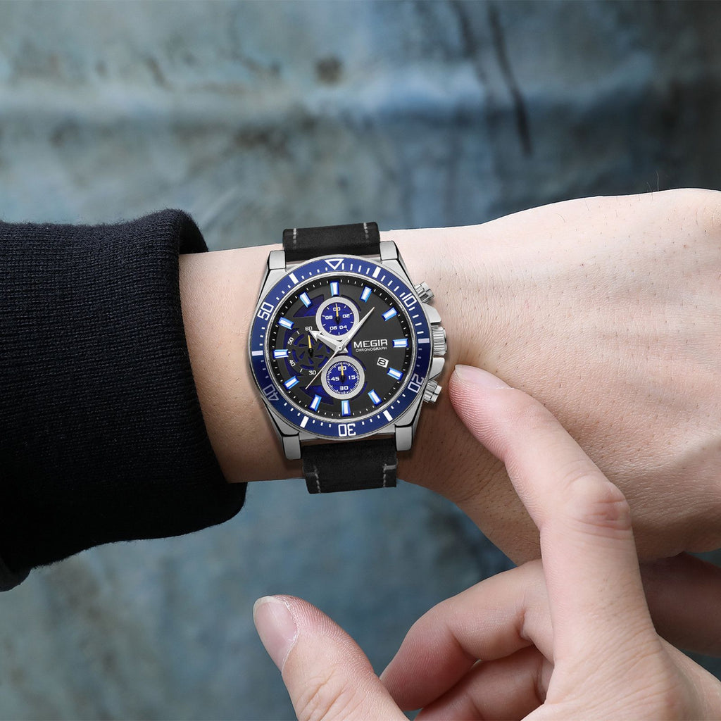 MEGIR men's military sport watch featuring a chronograph dial and a stitched genuine leather strap — view 3