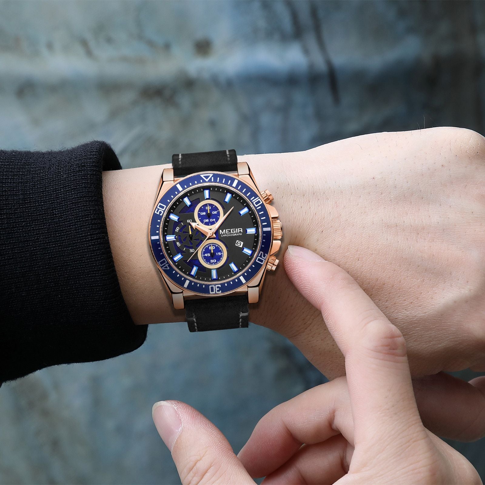 MEGIR men's military sport watch featuring a chronograph dial and a stitched genuine leather strap — view 2