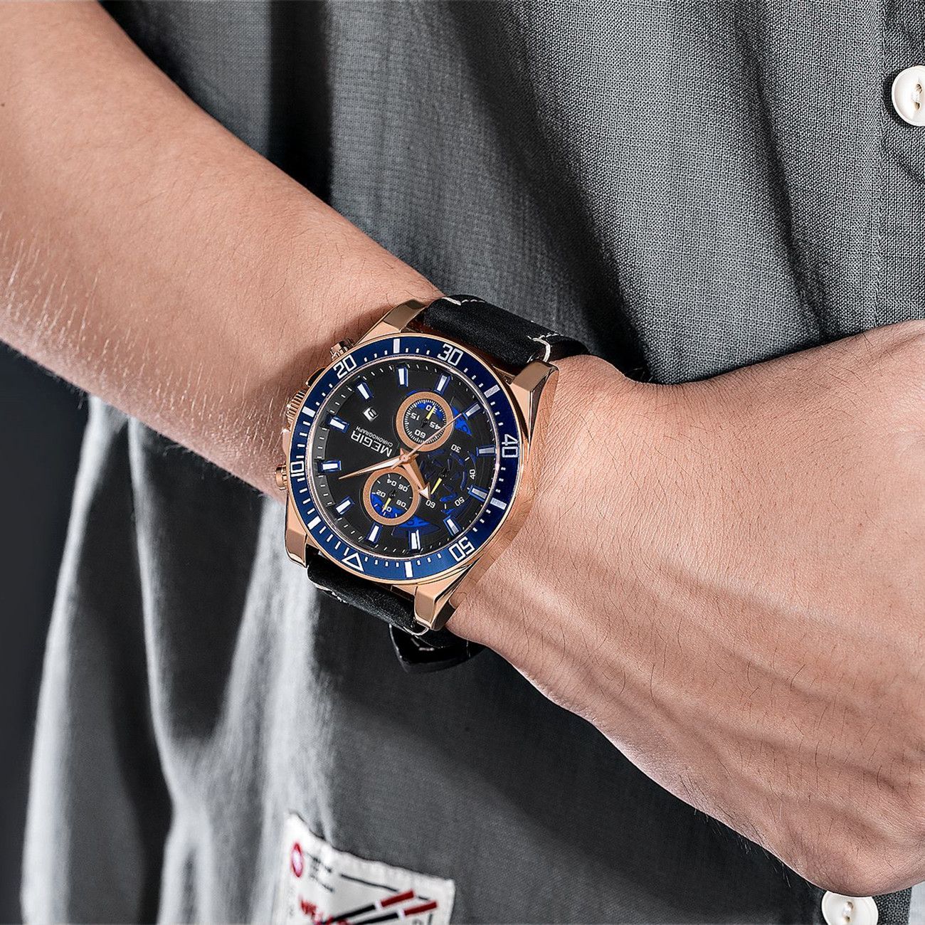 MEGIR men's military sport watch featuring a chronograph dial and a stitched genuine leather strap — view 5