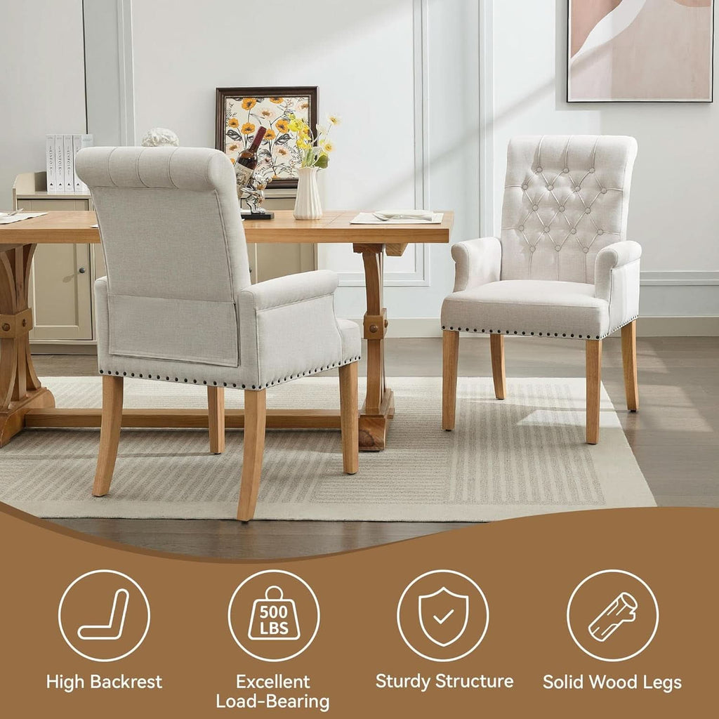 Beige upholstered dining chair with armrests, tufted backrest, and solid wood legs on a neutral background — view 5