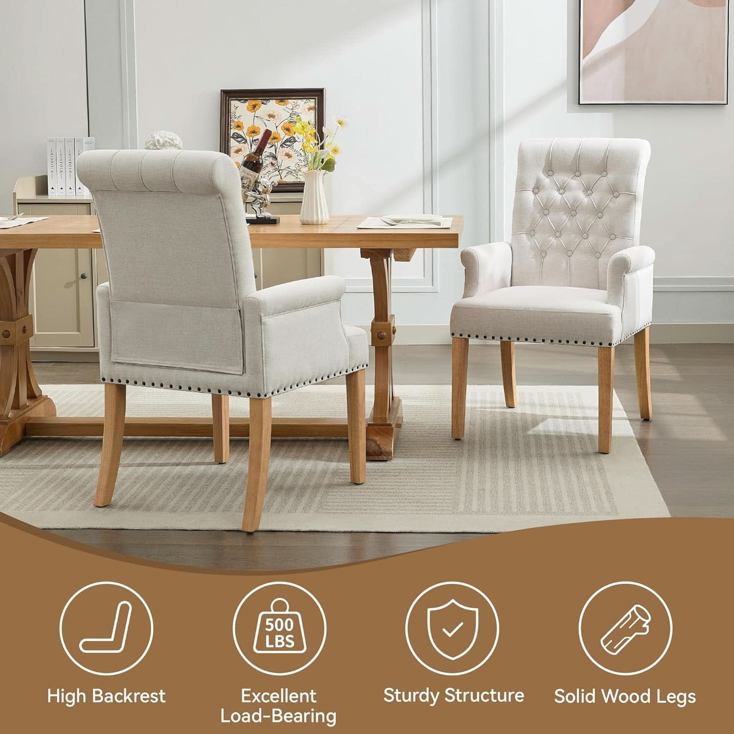 Beige upholstered dining chair with armrests, tufted backrest, and solid wood legs on a neutral background — view 5