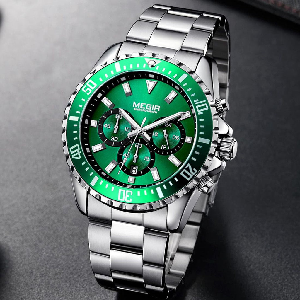 Megir luxury men's chronograph watch in stainless steel with military style dial — view 6