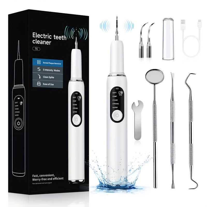 Rechargeable electric tooth cleaner in white with LED light and two replacement heads