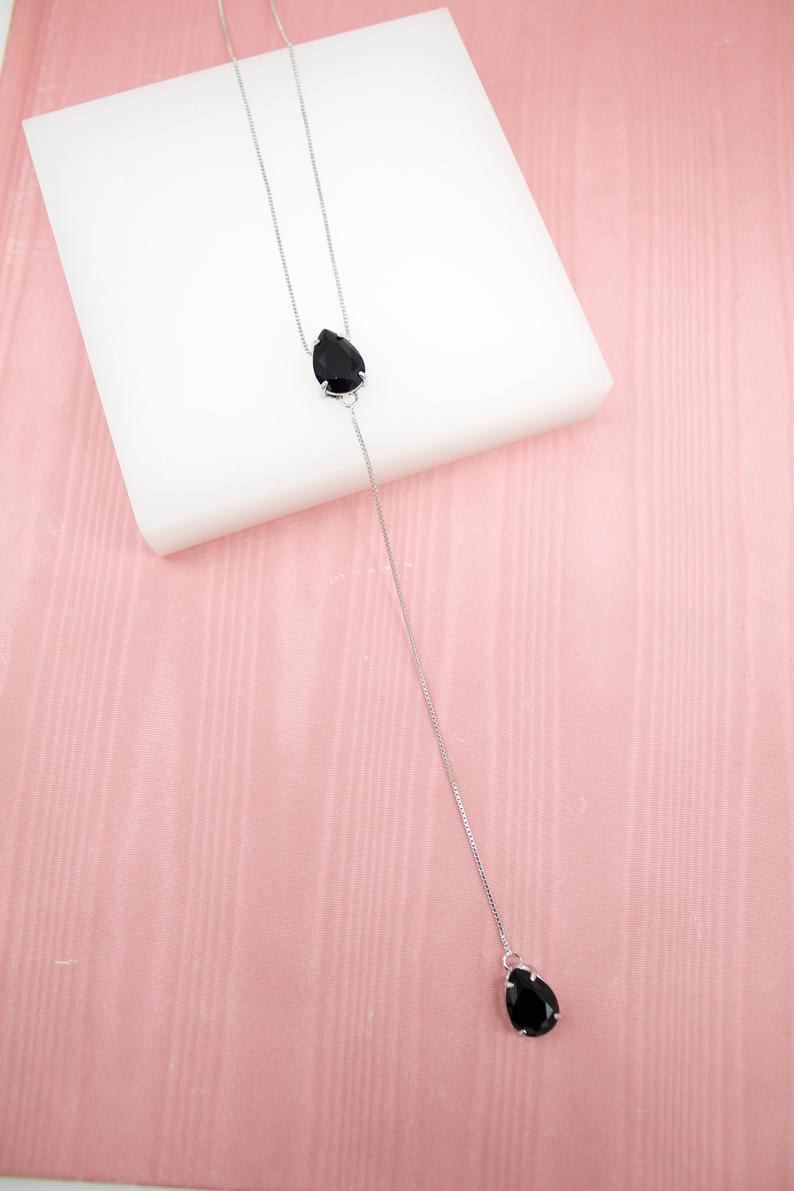 Dainty 18K gold filled lariat necklace with colorful tear drop cubic zirconia stones — view 4