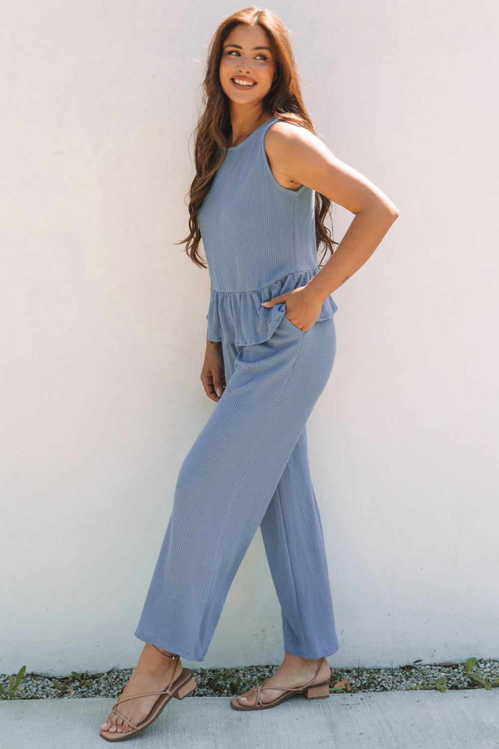 Beau blue ribbed ruffle tank top and wide leg lounge pants set on female model — view 3