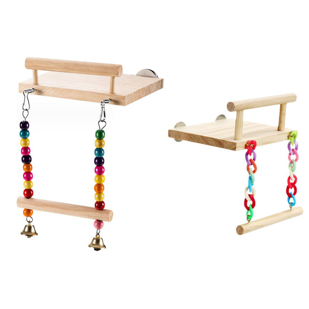 Wooden bird swing and resting platform with colourful hanging beads and bells for parrot cages — view 2