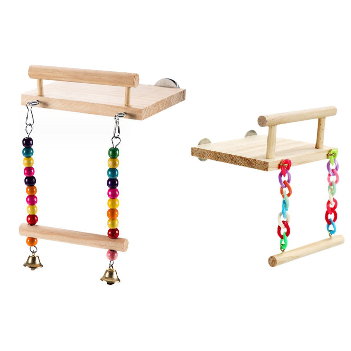 Wooden bird swing and resting platform with colourful hanging beads and bells for parrot cages — view 2