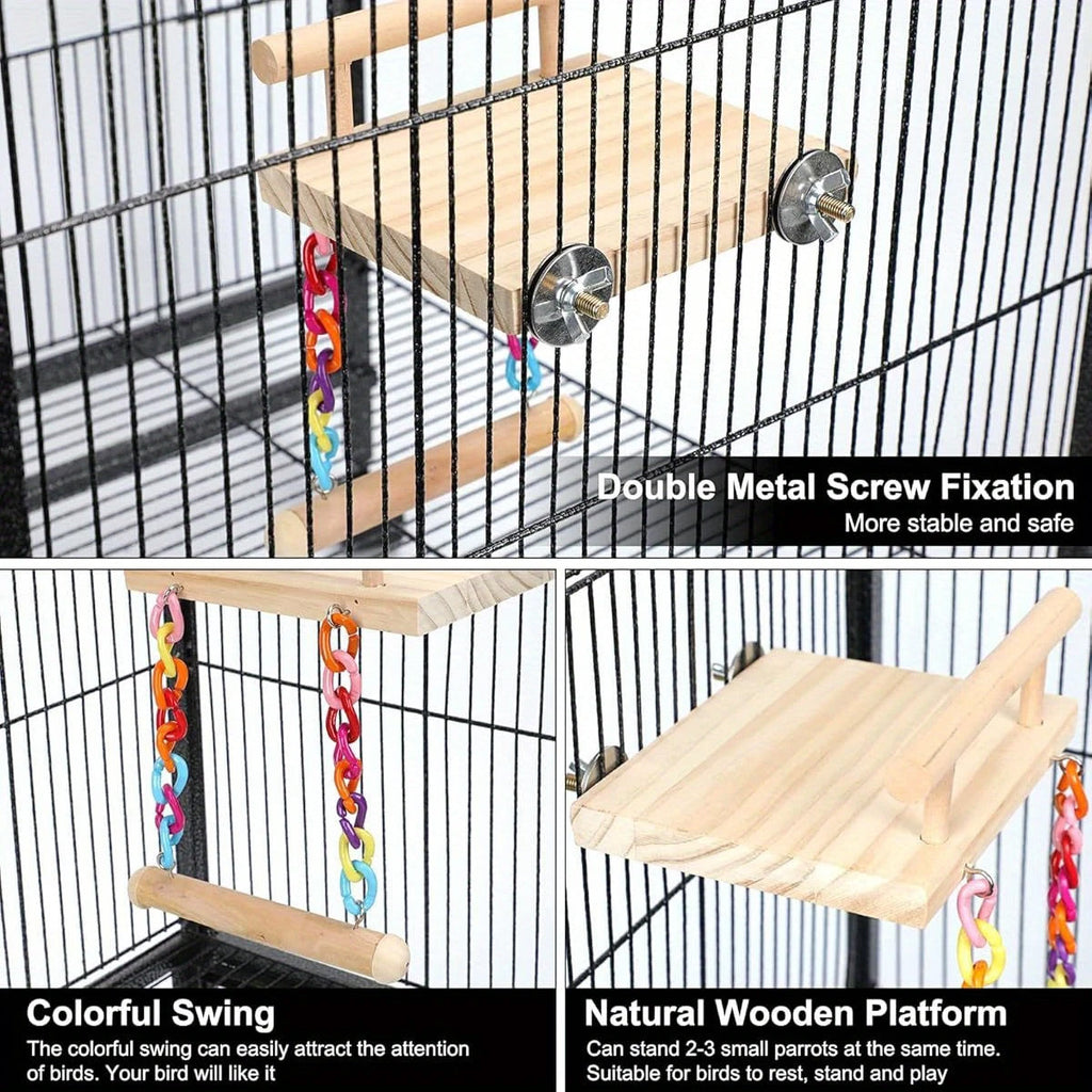 Wooden bird swing and resting platform with colourful hanging beads and bells for parrot cages — view 5