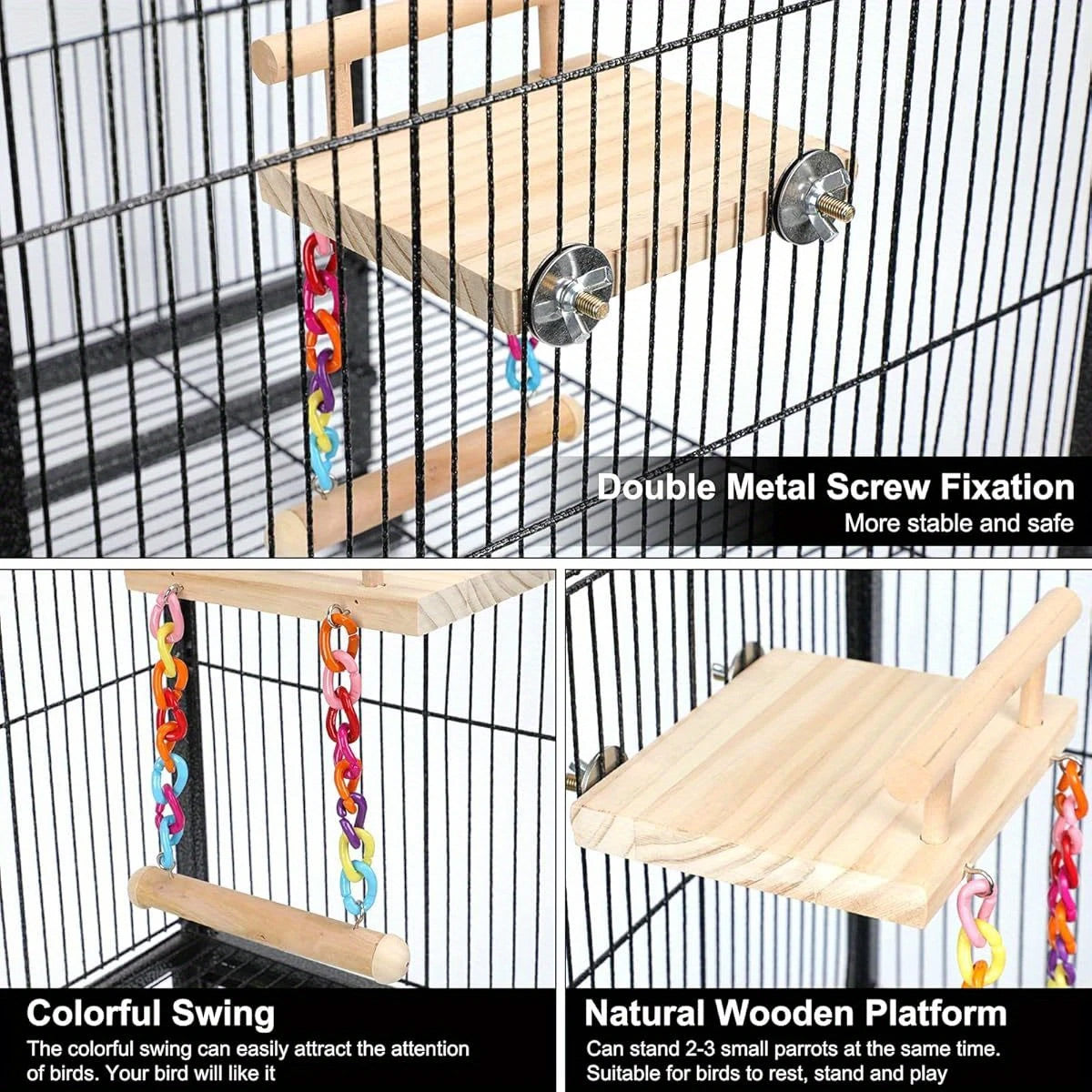 Wooden bird swing and resting platform with colourful hanging beads and bells for parrot cages — view 5