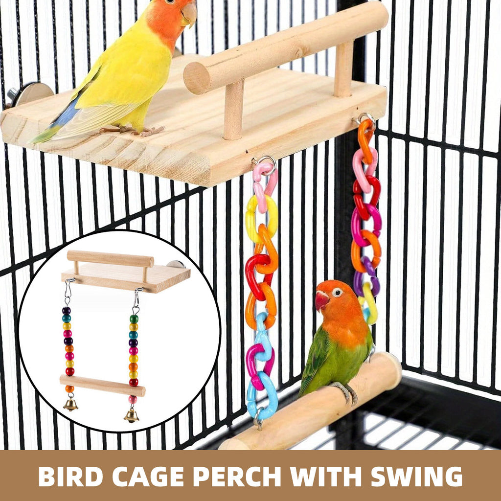 Wooden bird swing and resting platform with colourful hanging beads and bells for parrot cages