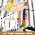 Wooden bird swing and resting platform with colourful hanging beads and bells for parrot cages