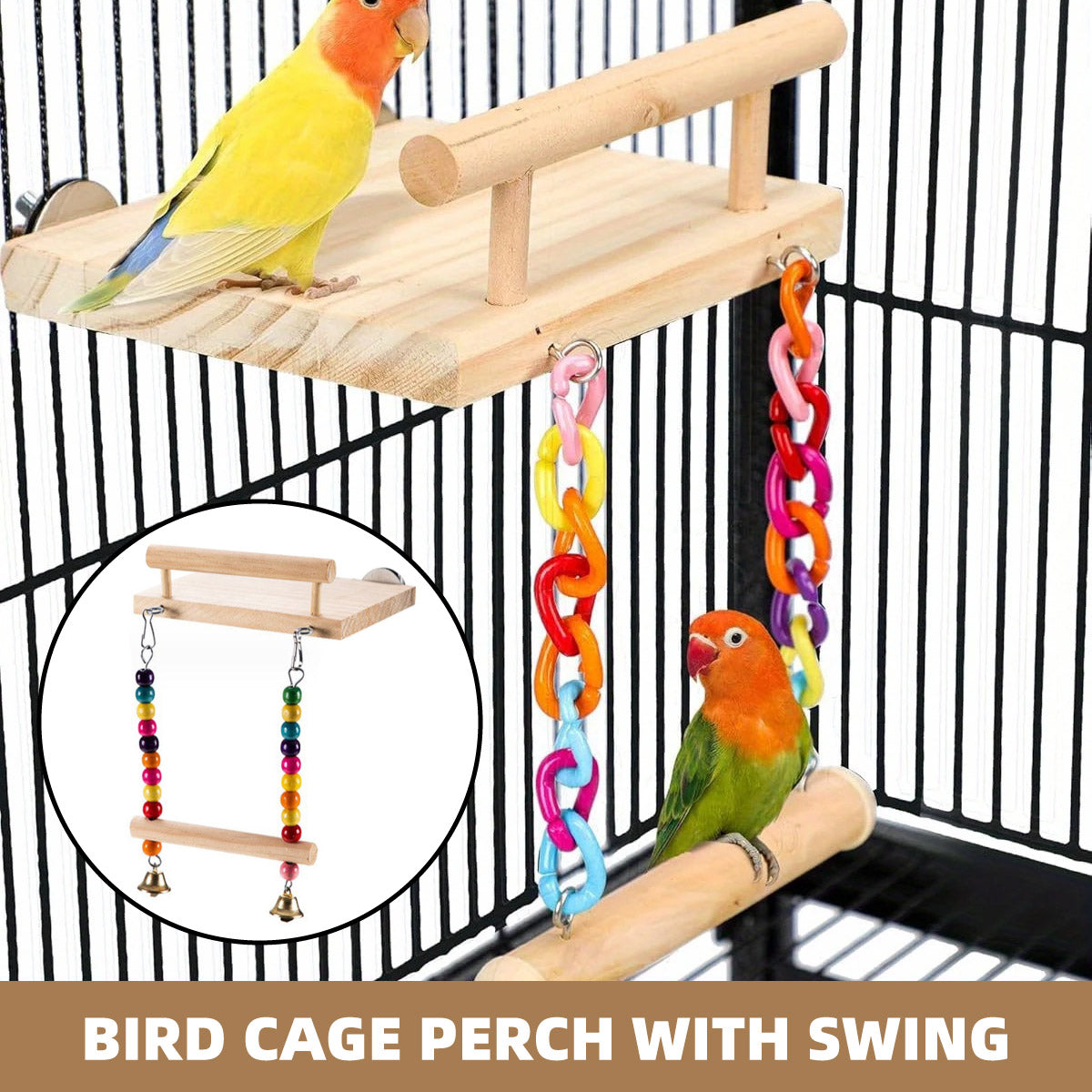 Wooden bird swing and resting platform with colourful hanging beads and bells for parrot cages