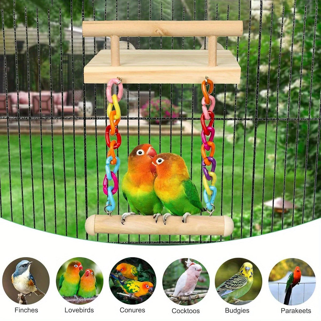 Wooden bird swing and resting platform with colourful hanging beads and bells for parrot cages — view 4