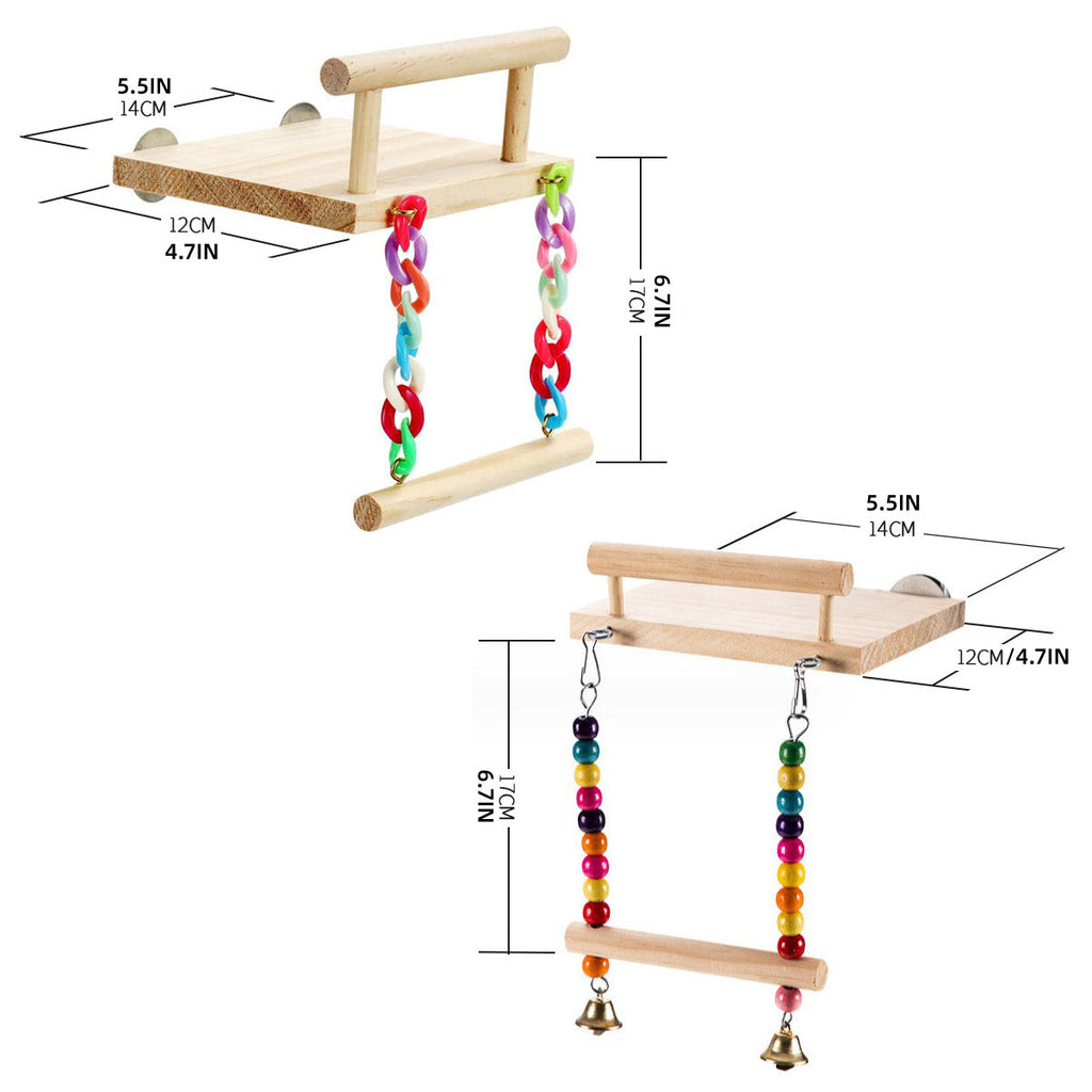 Wooden bird swing and resting platform with colourful hanging beads and bells for parrot cages — view 3