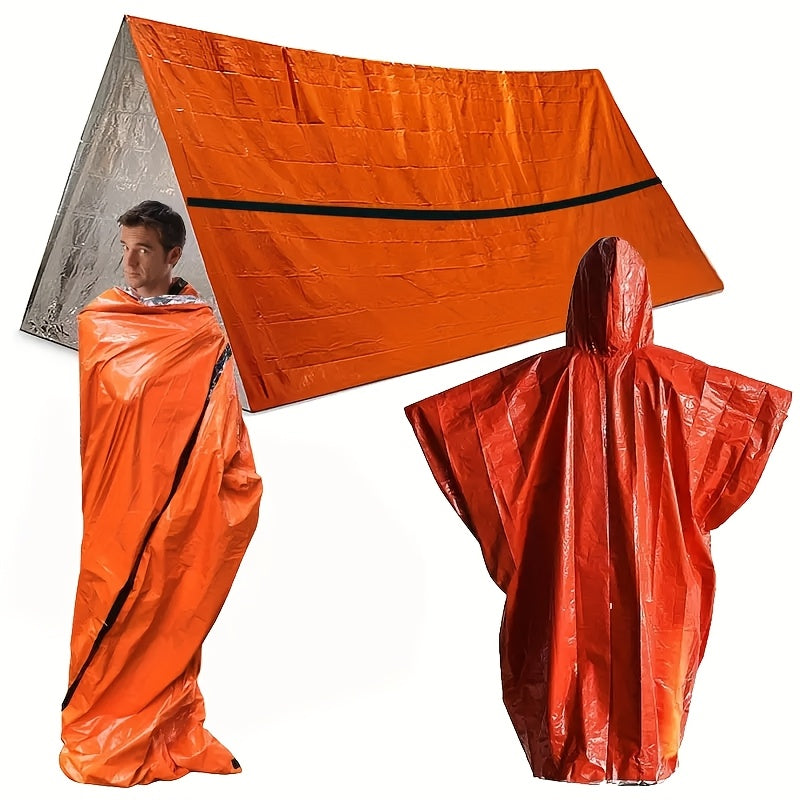 Four-piece outdoor survival tube tent and thermal blanket set in lightweight silver polyethylene material. — view 2