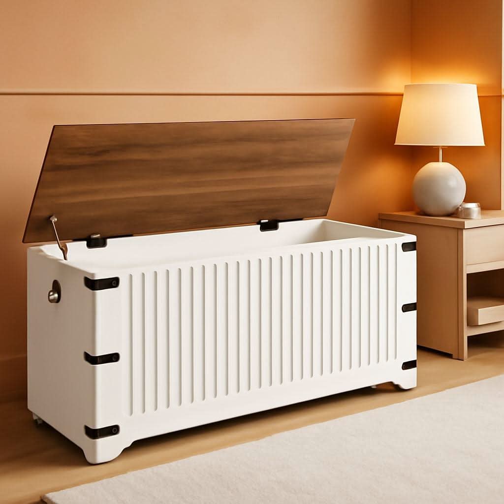 White and walnut farmhouse storage bench toy chest with safety hinge and side pull rings
