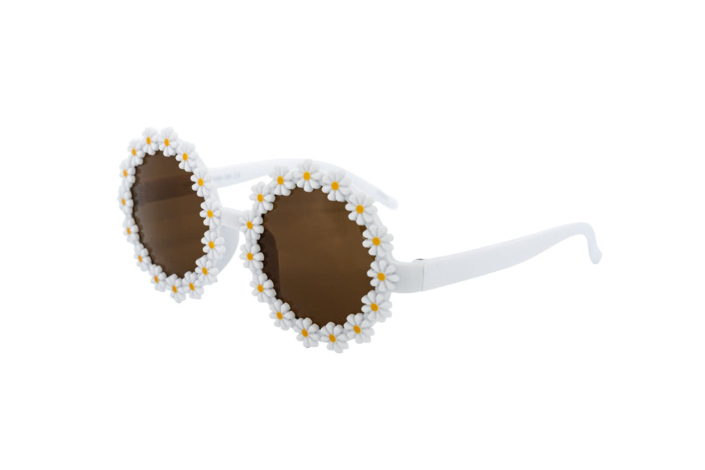 Hot pink kids daisy flower sunglasses with 3D frames and round smoke tinted lenses — view 4