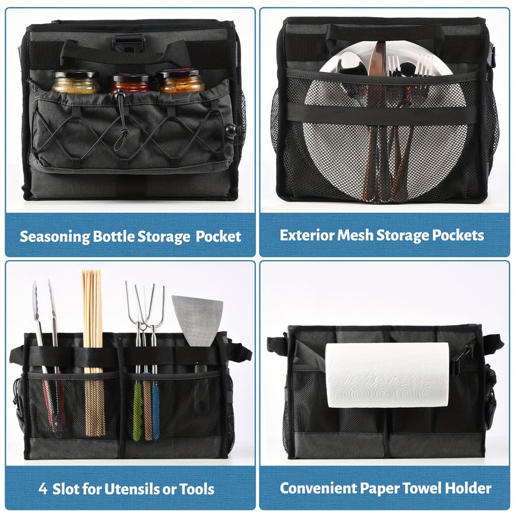 Black fabric collapsible BBQ grill caddy with built-in paper towel holder and large storage pockets — view 3
