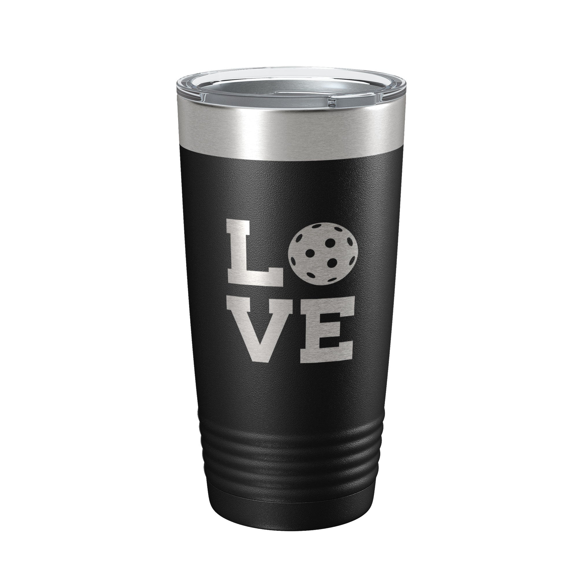 Pickleball Love 20 oz laser engraved stainless steel insulated travel tumbler with a clear lid