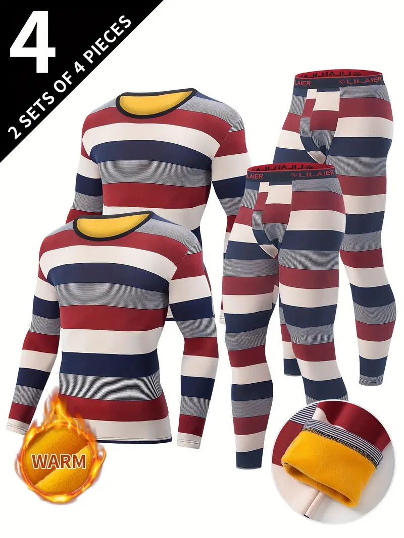Men's black and striped 4-piece winter thermal ski underwear set with crew neck top and pants — view 2