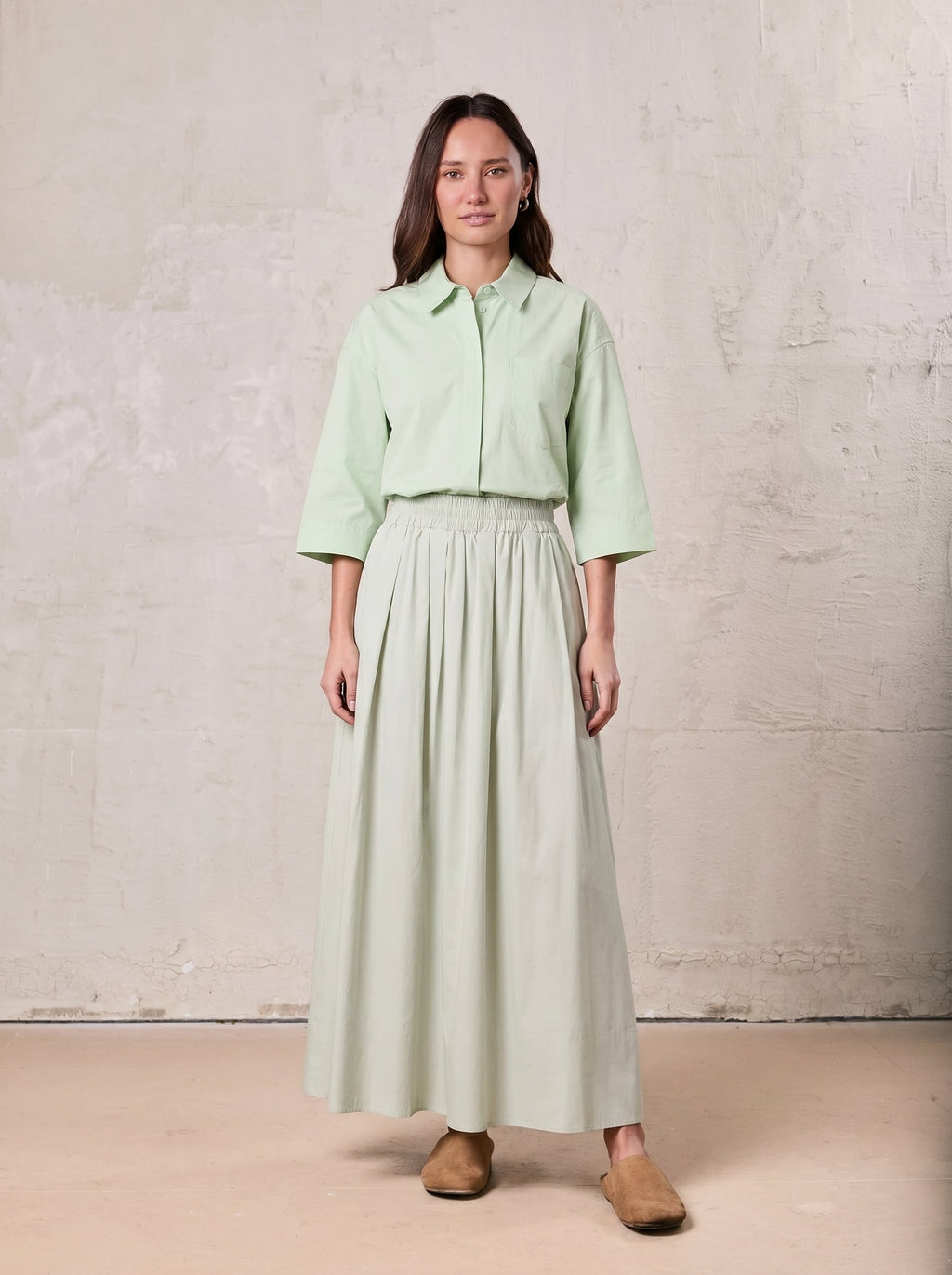 Elastic Waist Gathered Skirt-Mint-0