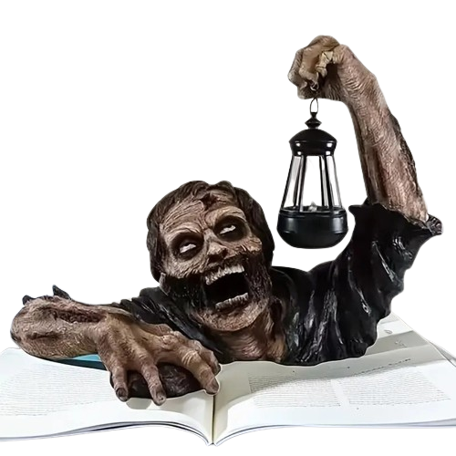 Realistic crawling zombie garden statue holding an LED lantern, made of hand-painted resin.