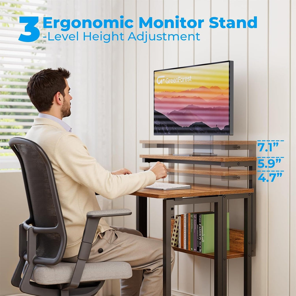 Walnut foldable desk with adjustable monitor stand, storage shelf, and lockable caster wheels. — view 4