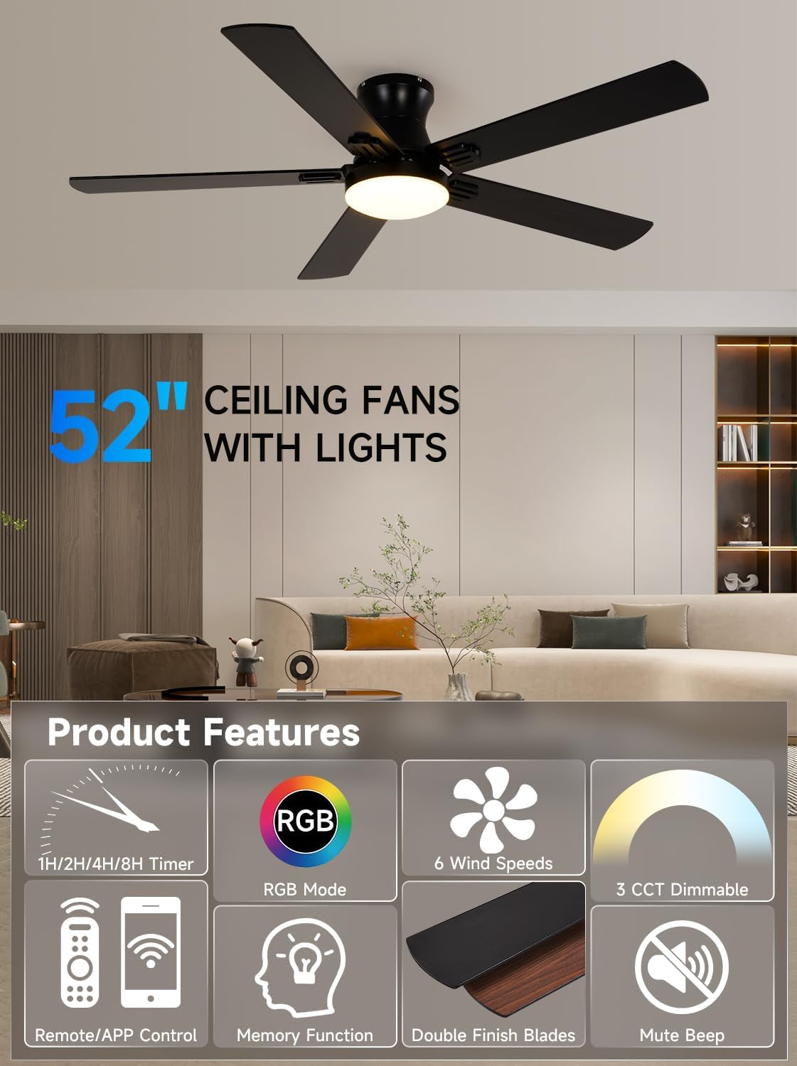 52-inch black smart ceiling fan with five wood blades and integrated LED light fixture — view 4