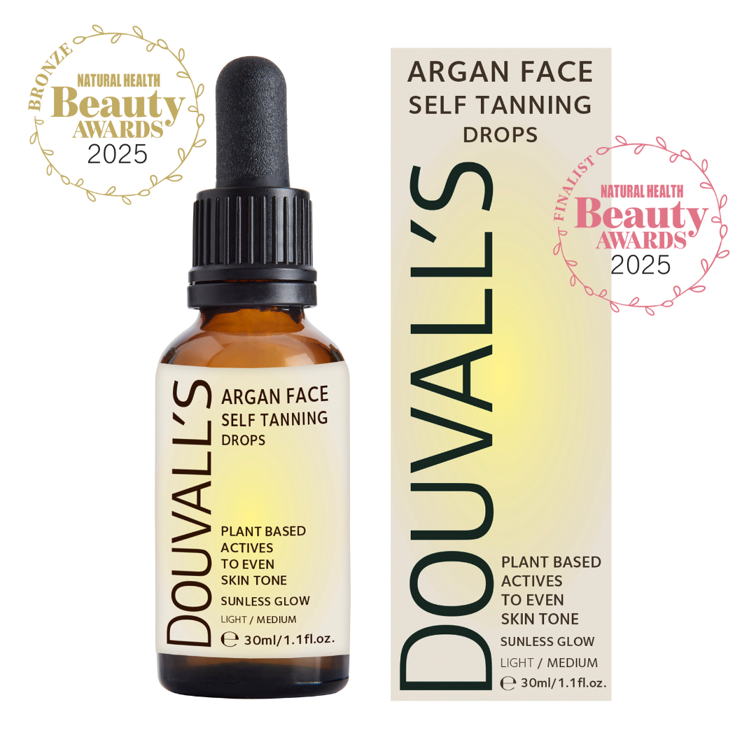 Argan self tanning face drops in an eco-friendly 30ml glass dropper bottle by Douvalls Beauty — view 4