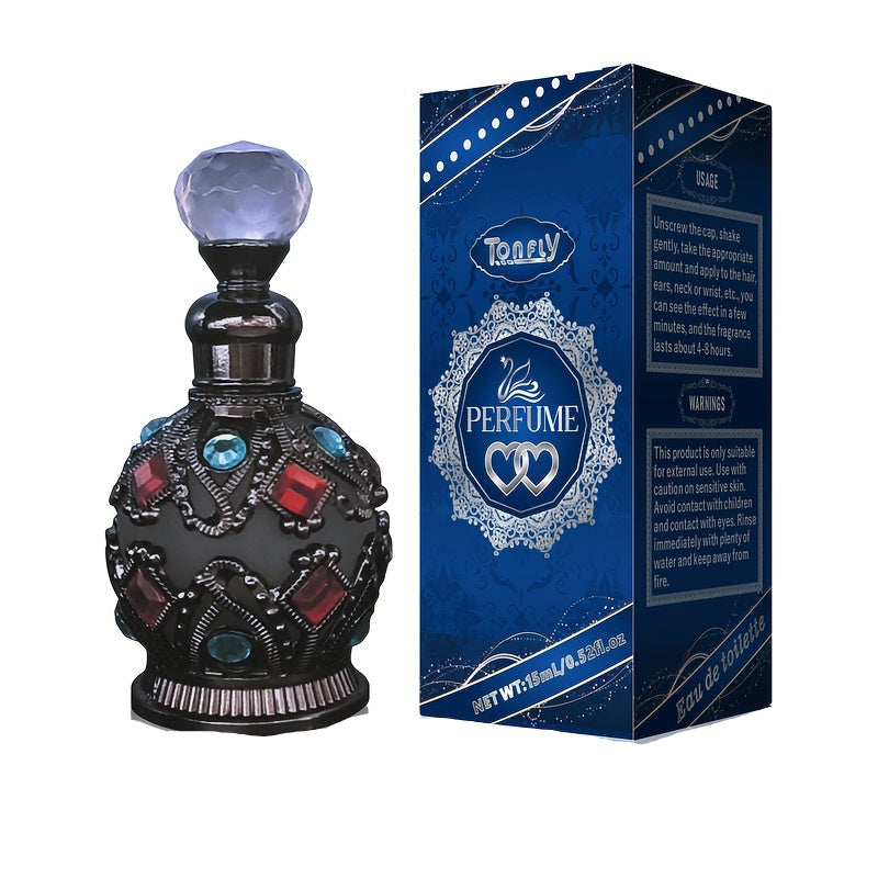 Enchanted Arabian Dreams essential oil perfume in an elegant blue and gold 50ml glass bottle.