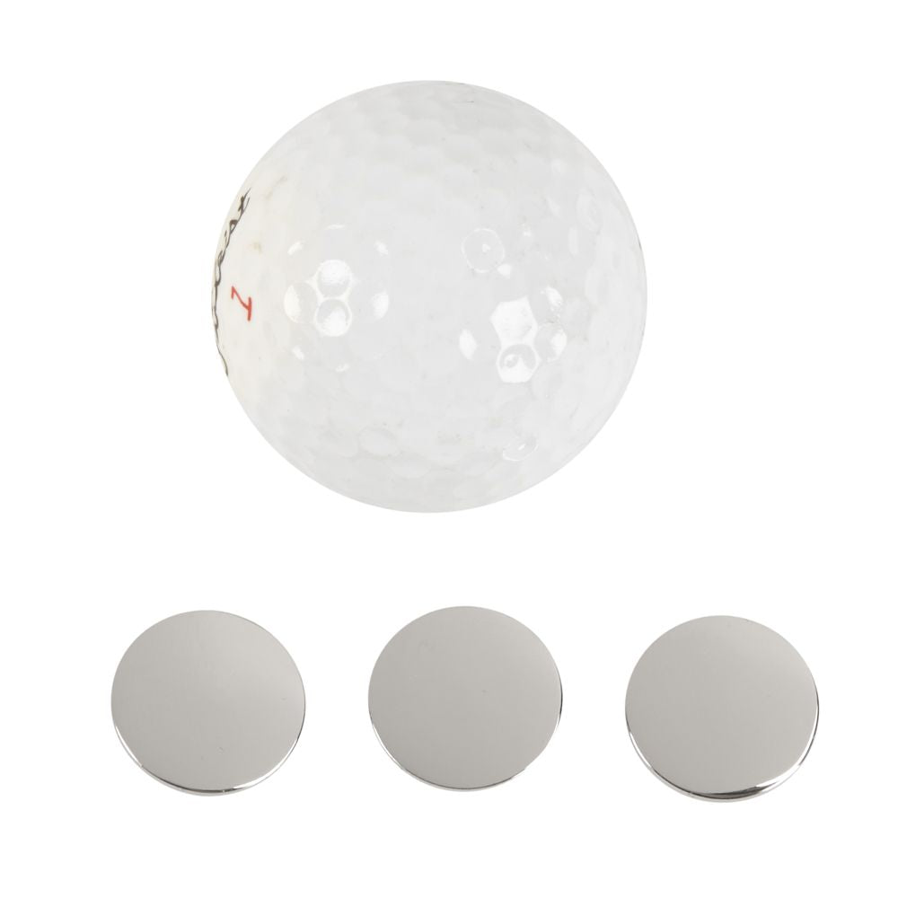 Set of three silver non-tarnish nickel golf ball markers in a premium presentation gift box