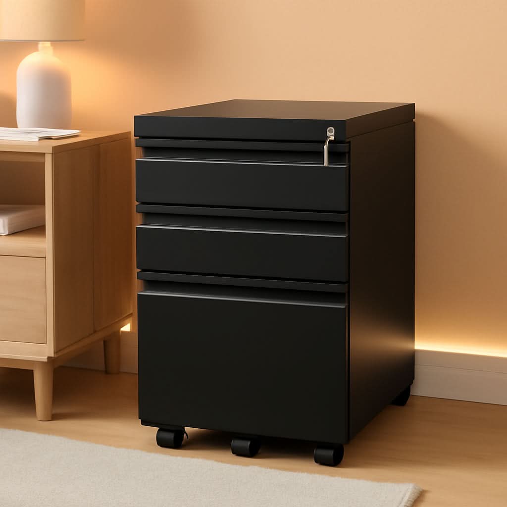 Black 3 drawer mobile file cabinet under desk steel storage unit with lock and caster wheels