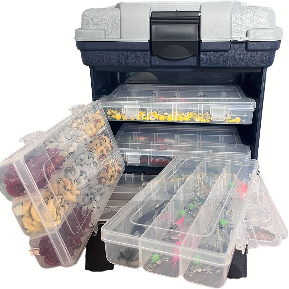 Grey 4-tier portable fishing tackle storage box with transparent multi-compartment organizer for bait and accessories — view 2